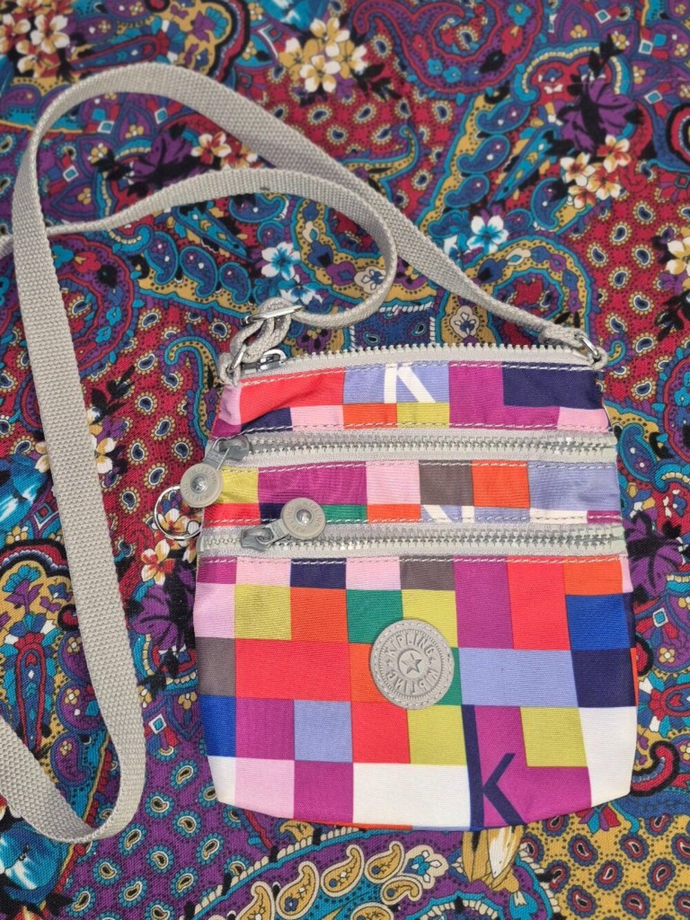 Kipling small crossbody bag, colorful checks, 3-section, adjustable strap, 6X7X1